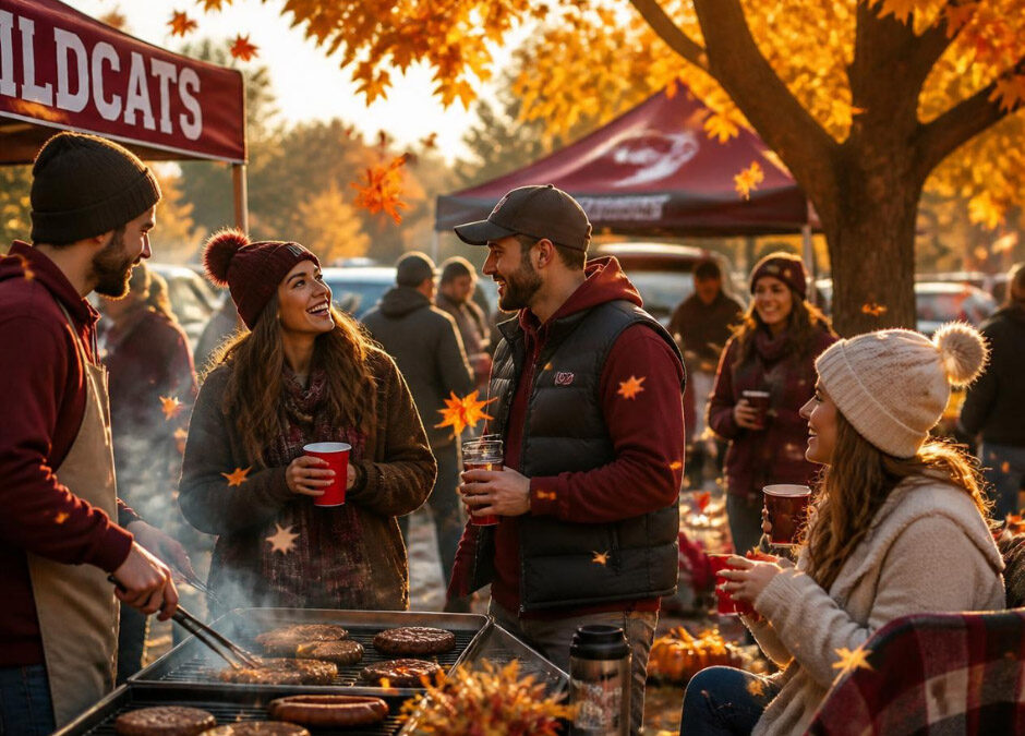 Friends gathering at a fall tailgate with grilled food and drinks, surrounded by autumn trees and colorful leaves.